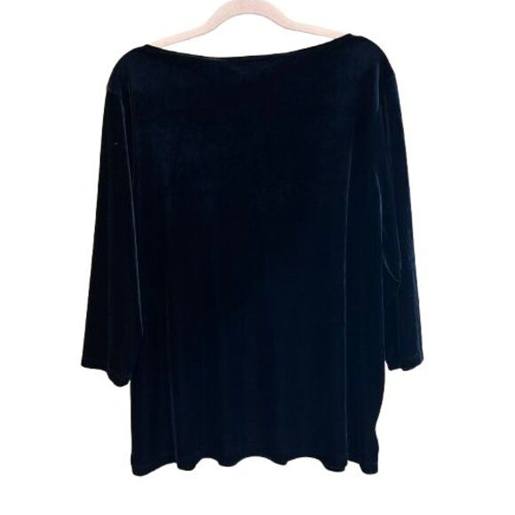 Vintage Black Velvet Boat Neck Top Womens  1X 3/4 Sleeve Embroidered Floral - Picture 3 of 7